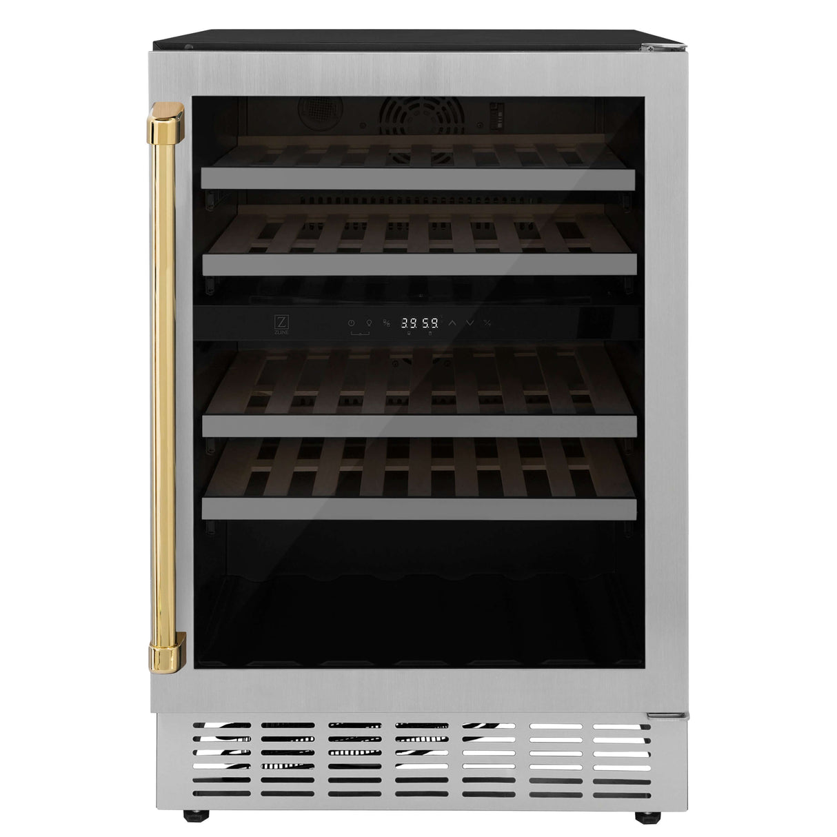 ZLINE Autograph Edition 24 in. Monument Dual Zone 44-Bottle Wine Cooler in Stainless Steel with Polished Gold Accents (RWVZ-UD-24-G)