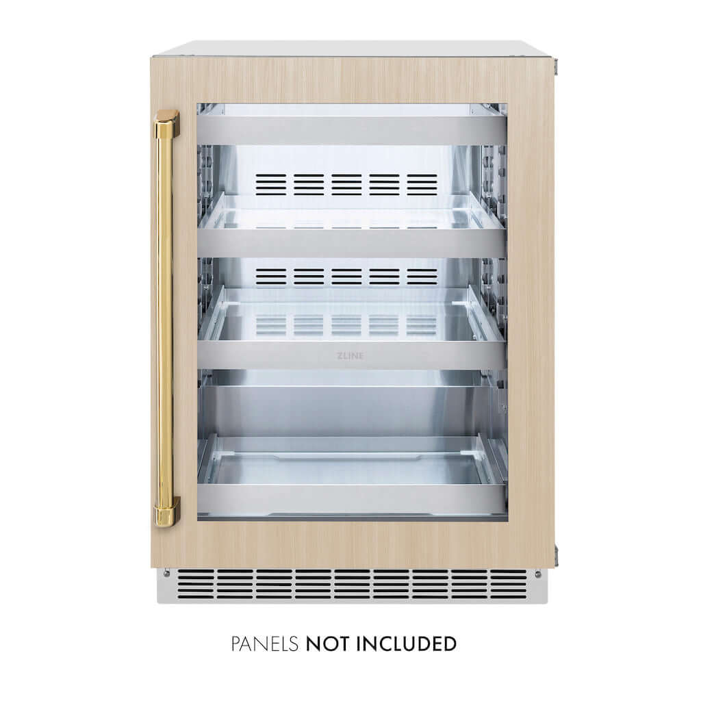 ZLINE Autograph Edition 24 in. Touchstone 151 Can Beverage Fridge With Panel Ready Glass Door And Polished Gold Handle (RBSPOZ-24-G)