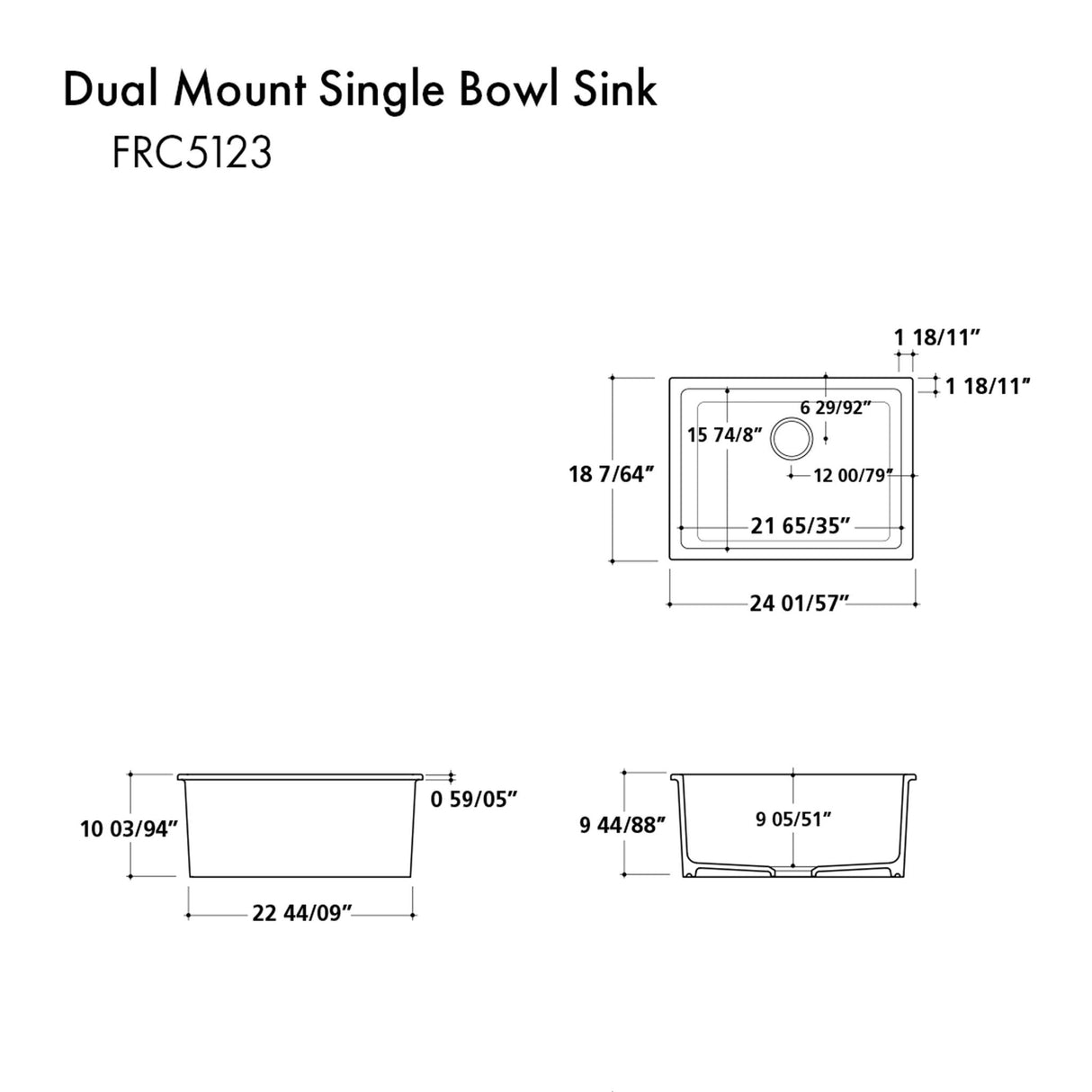 ZLINE 24 in. Rome Dual Mount Single Bowl Fireclay Kitchen Sink with Bottom Grid (FRC5123)