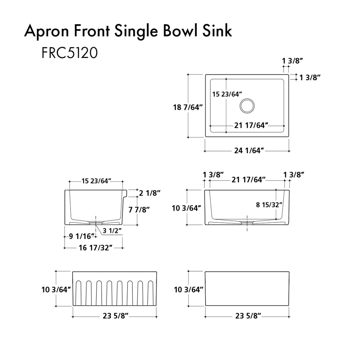 ZLINE 24 in. Venice Farmhouse Apron Front Reversible Single Bowl Fireclay Kitchen Sink with Bottom Grid (FRC5120)