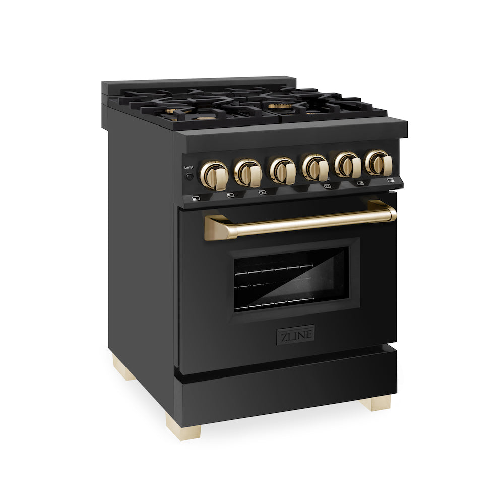 ZLINE Autograph Edition 24 in. 2.8 cu. ft. Dual Fuel Range with Gas Stove and Electric Oven in Black Stainless Steel with Polished Gold Accents (RABZ-24-G)