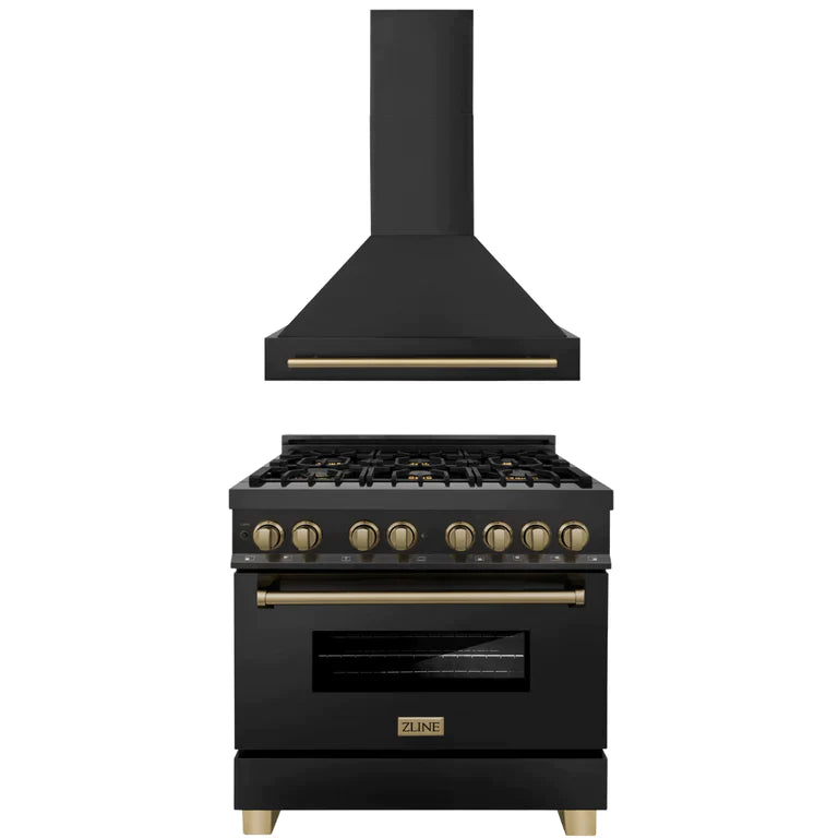 ZLINE 36 in. Autograph Edition Kitchen Package with Black Stainless Steel Dual Fuel Range and Range Hood with Champagne Bronze Accents (2AKP-RABRH36-CB)