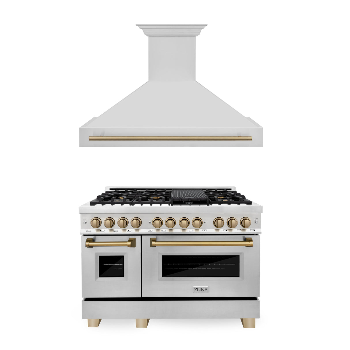 ZLINE 48 in. Autograph Edition Kitchen Package with Stainless Steel Dual Fuel Range and Range Hood with Champagne Bronze Accents (2AKP-RARH48-CB)