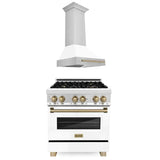 ZLINE 30 in. Autograph Edition Kitchen Package with Stainless Steel Dual Fuel Range with White Matte Door and Range Hood with Champagne Bronze Accents (2AKP-RAWMRH30-CB)