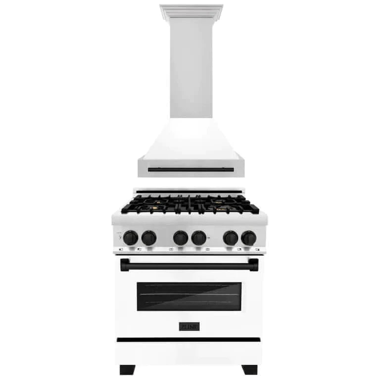 ZLINE 30 in. Autograph Edition Kitchen Package with Stainless Steel Dual Fuel Range with White Matte Door and Range Hood with Matte Black Accents (2AKP-RAWMRH30-MB)