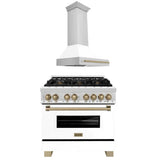 ZLINE 36 in. Autograph Edition Kitchen Package with Stainless Steel Dual Fuel Range with White Matte Door and Range Hood with Champagne Bronze Accents (2AKP-RAWMRH36-CB)