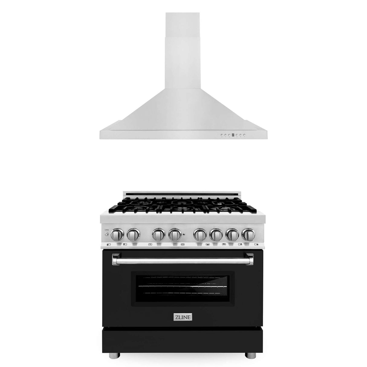 ZLINE 36 in. Kitchen Package with Stainless Steel Dual Fuel Range with Black Matte Door and Convertible Vent Range Hood (2KP-RABLMRH36)