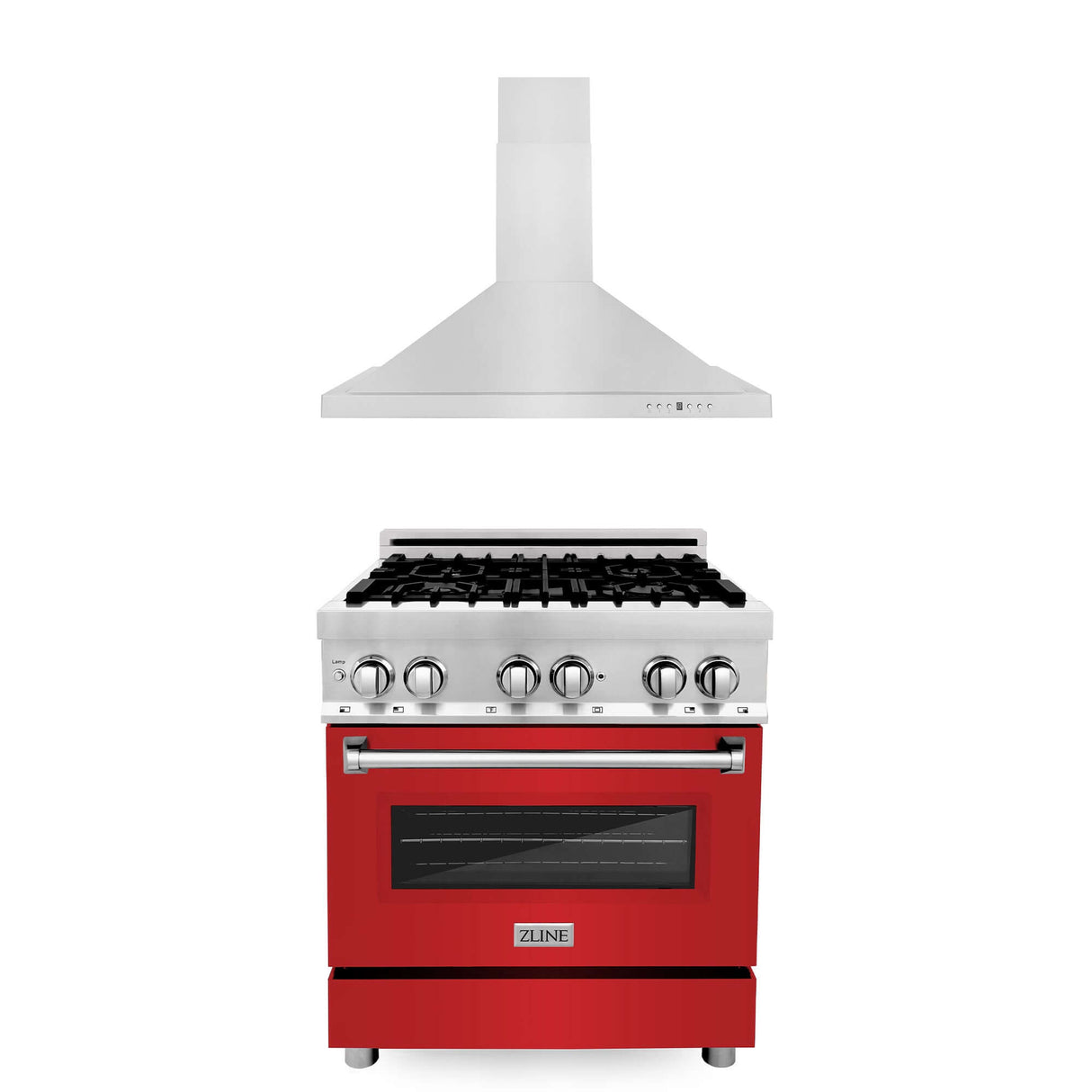 ZLINE 30 in. Kitchen Package with ZLINE DuraSnow Stainless Steel Dual Fuel Range with Red Matte Door and Convertible Vent Range Hood (2KP-RARMRH30)