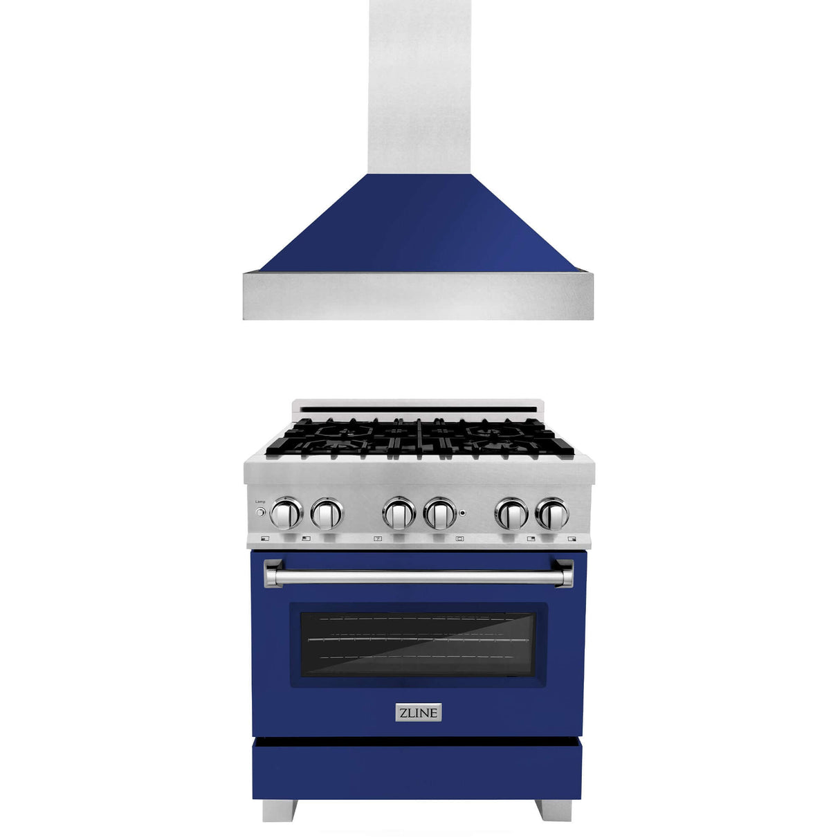 ZLINE 30 in. Kitchen Package with DuraSnow Stainless Steel Dual Fuel Range with Blue Gloss Door and Convertible Vent Range Hood (2KP-RASBGRH30)