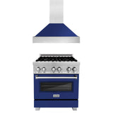 ZLINE 30 in. Kitchen Package with DuraSnow Stainless Steel Dual Fuel Range with Blue Gloss Door and Convertible Vent Range Hood (2KP-RASBGRH30)