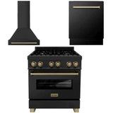 ZLINE 30 in. Autograph Edition Kitchen Package with Black Stainless Steel Dual Fuel Range, Range Hood and Dishwasher with Champagne Bronze Accents (3AKP-RABRHDWV30-CB)