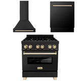 ZLINE Autograph Edition 30 in. Kitchen Package with Black Stainless Steel Dual Fuel Range, Range Hood and Dishwasher with Polished Gold Accents (3AKP-RABRHDWV30-G)