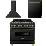 ZLINE Autograph Edition 36 in. Kitchen Package with Black Stainless Steel Dual Fuel Range, Range Hood and Dishwasher with Champagne Bronze Accents (3AKP-RABRHDWV36-CB)