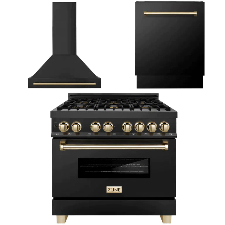 ZLINE Autograph Edition 36 in. Kitchen Package with Black Stainless Steel Dual Fuel Range, Range Hood and Dishwasher with Polished Gold Accents (3AKP-RABRHDWV36-G)