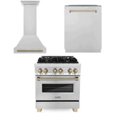 ZLINE 30 in. Autograph Edition Kitchen Package with Stainless Steel Dual Fuel Range and Range Hood with Champagne Bronze Accents (3AKP-RARHDWM30-CB)