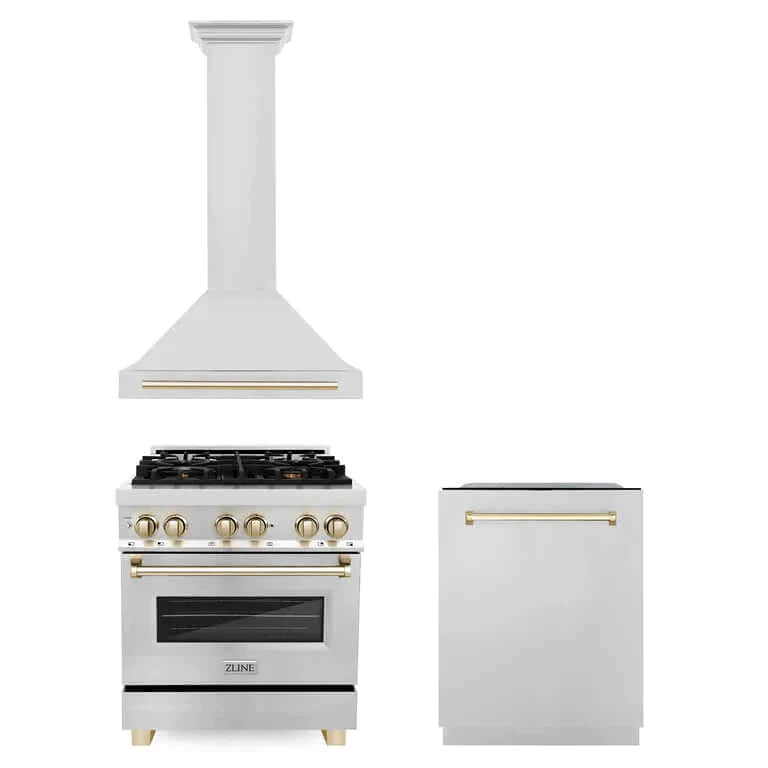 ZLINE 30 in. Autograph Edition Kitchen Package with Stainless Steel Dual Fuel Range and Range Hood with Polished Gold Accents (3AKP-RARHDWM30-G)