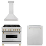 ZLINE 36 in. Autograph Edition Kitchen Package with Stainless Steel Dual Fuel Range, Range Hood and Dishwasher with Polished Gold Accents (3AKP-RARHDWM36-G)