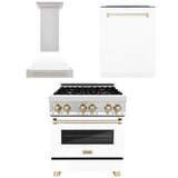 ZLINE Autograph Edition 30 in. Kitchen Package with Stainless Steel Dual Fuel Range with White Matte Door, Range Hood and Dishwasher with Polished Gold Accents (3AKP-RAWMRHDWM30-G)