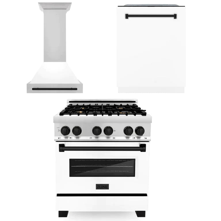 ZLINE Autograph Edition 30 in. Kitchen Package with Stainless Steel Dual Fuel Range with White Matte Door, Range Hood and Dishwasher with Matte Black Accents (3AKP-RAWMRHDWM30-MB)