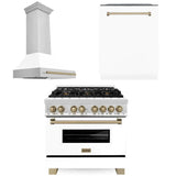 ZLINE 36 in. Autograph Edition Kitchen Package with Stainless Steel Dual Fuel Range with White Matte Door, Range Hood and Dishwasher with Champagne Bronze Accents (3AKP-RAWMRHDWM36-CB)