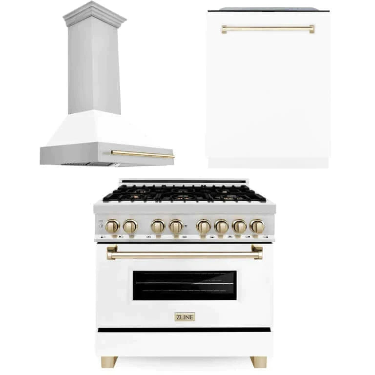 ZLINE 36 in. Autograph Edition Kitchen Package with Stainless Steel Dual Fuel Range with White Matte Door, Range Hood and Dishwasher with Polished Gold Accents (3AKP-RAWMRHDWM36-G)