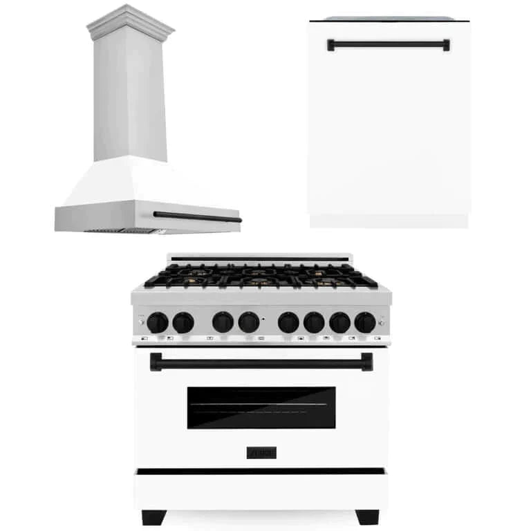 ZLINE 36 in. Autograph Edition Kitchen Package with Stainless Steel Dual Fuel Range with White Matte Door, Range Hood and Dishwasher with Matte Black Accents (3AKP-RAWMRHDWM36-MB)