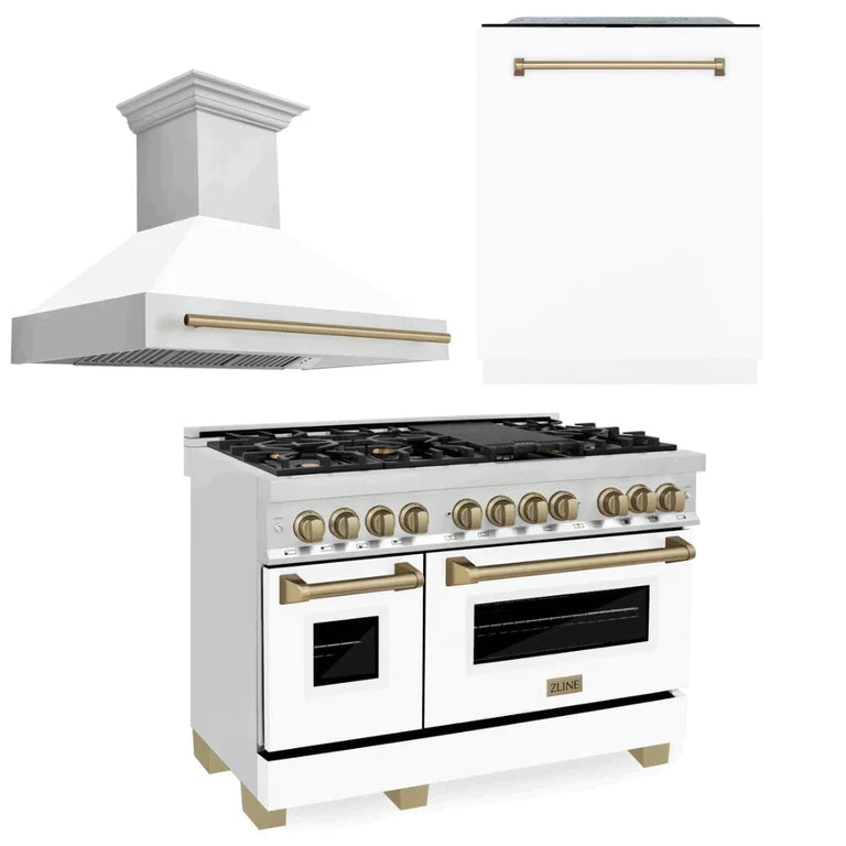 ZLINE 48 in. Autograph Edition Kitchen Package with Stainless Steel Dual Fuel Range with White Matte Door, Range Hood and Dishwasher with Champagne Bronze Accents (3AKP-RAWMRHDWM48-CB)