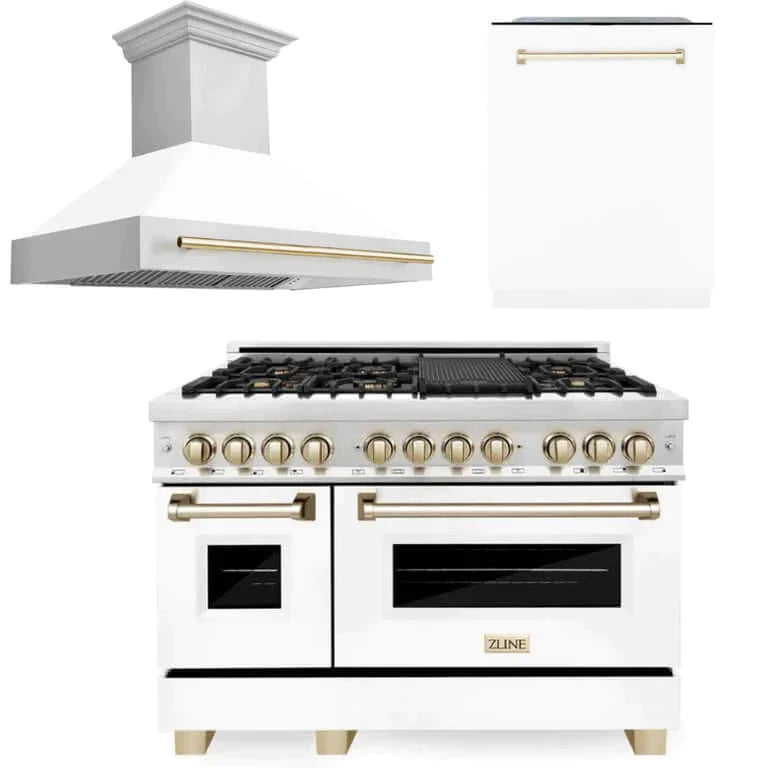 ZLINE 48 in. Autograph Edition Kitchen Package with Stainless Steel Dual Fuel Range with White Matte Door, Range Hood and Dishwasher with Polished Gold Accents (3AKP-RAWMRHDWM48-G)