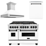 ZLINE 48 in. Autograph Edition Kitchen Package with Stainless Steel Dual Fuel Range with White Matte Door, Range Hood and Dishwasher with Matte Black Accents (3AKP-RAWMRHDWM48-MB)