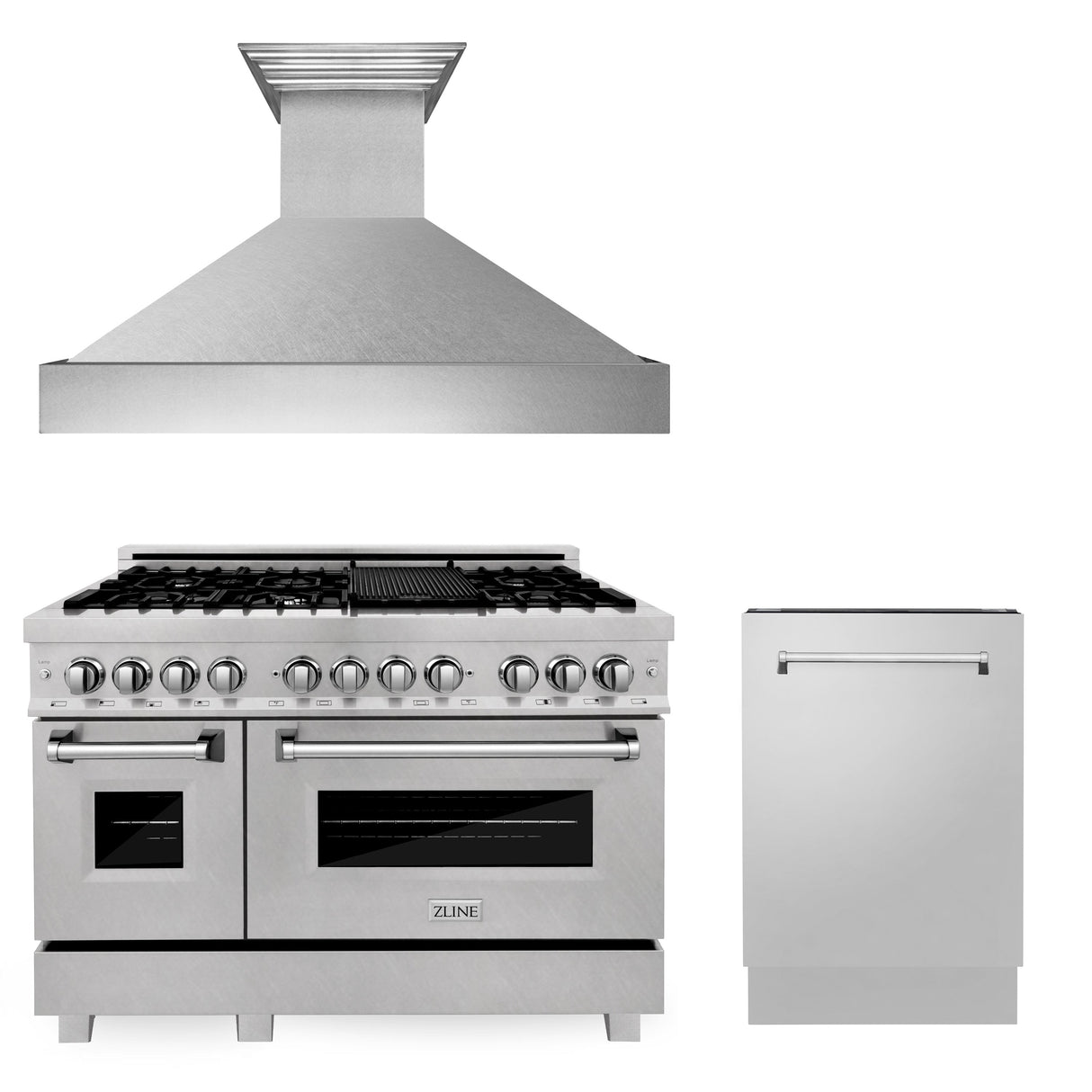 ZLINE 48 in. Kitchen Package with DuraSnow® Stainless Steel Dual Fuel Range, Ducted Vent Range Hood and Tall Tub Dishwasher (3KP-RASRH48-DWV)