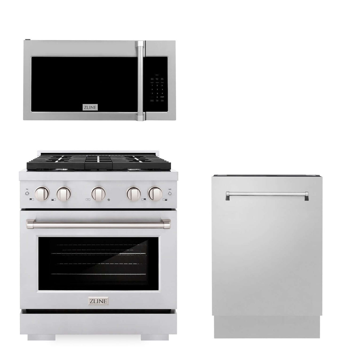 ZLINE 30 in. Kitchen Package with Stainless Steel Gas Range, Traditional Over The Range Microwave and Tall Tub Dishwasher (3KP-SGROTRH30-DWV)