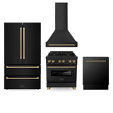 ZLINE Autograph Edition Kitchen Package with Black Stainless Steel with Champagne Bronze Accents 30 in. Dual Fuel Range, 30 in. Range Hood, 24 in. Dishwasher, and 36 in. French Door Refrigerator with External Water Dispenser (4AKPR-RABRHDWV30-CB)