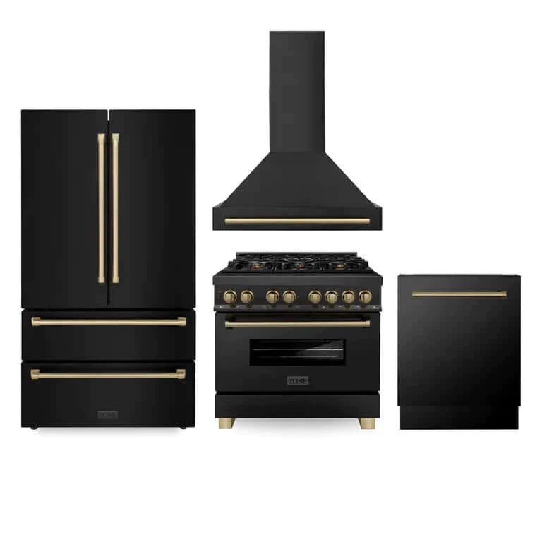 ZLINE 36 in. Autograph Edition Kitchen Package with Black Stainless Steel Dual Fuel Range, Range Hood, Dishwasher, and French Door Refrigerator with External Water Dispenser with Champagne Bronze Accents (4AKPR-RABRHDWV36-CB)