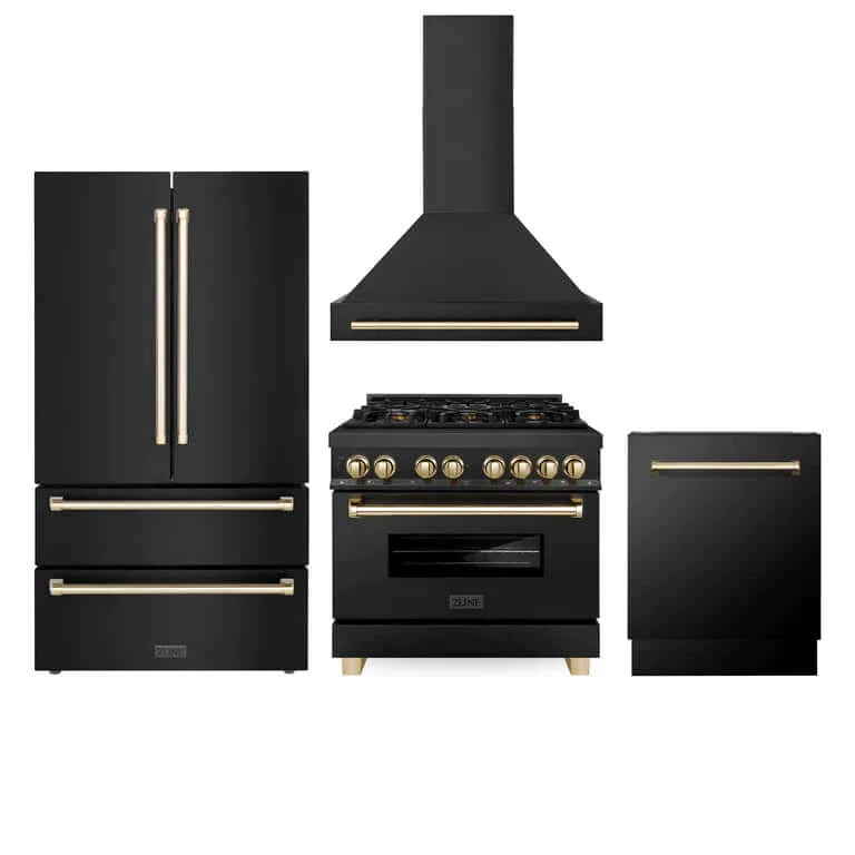 ZLINE 36 in. Autograph Edition Kitchen Package with Black Stainless Steel Dual Fuel Range, Range Hood, Dishwasher, and French Door Refrigerator with Polished Gold Accents (4AKPR-RABRHDWV36-G)