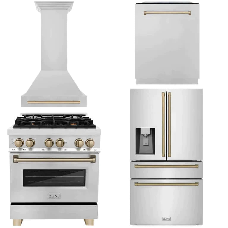 ZLINE 30 in. Autograph Edition Kitchen Package with Stainless Steel Dual Fuel Range, Range Hood, Dishwasher and French Door Refrigerator with External Water Dispenser and Champagne Bronze Accents (4AKPR-RARHDWM30-CB)