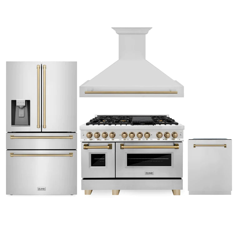 ZLINE 48 in. Autograph Edition Kitchen Package with Stainless Steel Dual Fuel Range, Range Hood, Dishwasher and Refrigeration Including External Water Dispenser with Champagne Bronze Accents (4AKPR-RARHDWM48-CB)