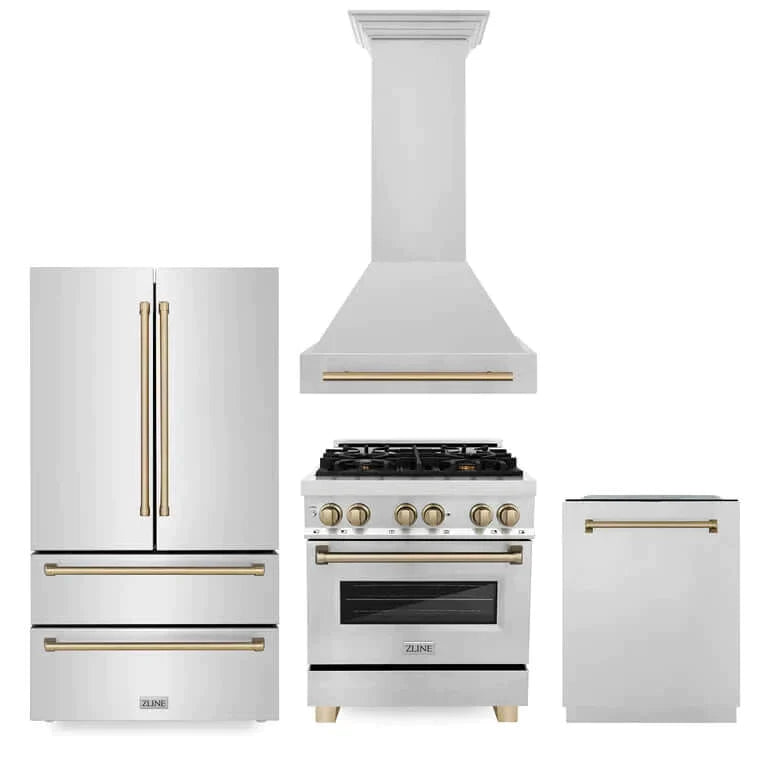 ZLINE 30 in. Autograph Edition Kitchen Package with Stainless Steel Dual Fuel Range, Range Hood, Dishwasher and Refrigeration with Champagne Bronze Accents (4KAPR-RARHDWM30-CB)