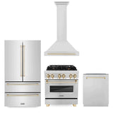 ZLINE 30 in. Autograph Edition Kitchen Package with Stainless Steel Dual Fuel Range, Range Hood, Dishwasher and French Door Refrigerator with Polished Gold Accents (4KAPR-RARHDWM30-G)