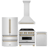 ZLINE 36 in. Autograph Edition Kitchen Package with Stainless Steel Dual Fuel Range, Range Hood, Dishwasher and Refrigeration with Champagne Bronze Accents (4KAPR-RARHDWM36-CB)