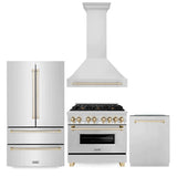 ZLINE 36 in. Autograph Edition Kitchen Package with Stainless Steel Dual Fuel Range, Range Hood, Dishwasher and Refrigeration with Polished Gold Accents (4KAPR-RARHDWM36-G)