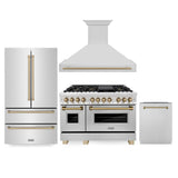 ZLINE 48 in. Autograph Edition Kitchen Package with Stainless Steel Dual Fuel Range, Range Hood, Dishwasher, and French Door Refrigerator with Champagne Bronze Accents (4KAPR-RARHDWM48-CB)