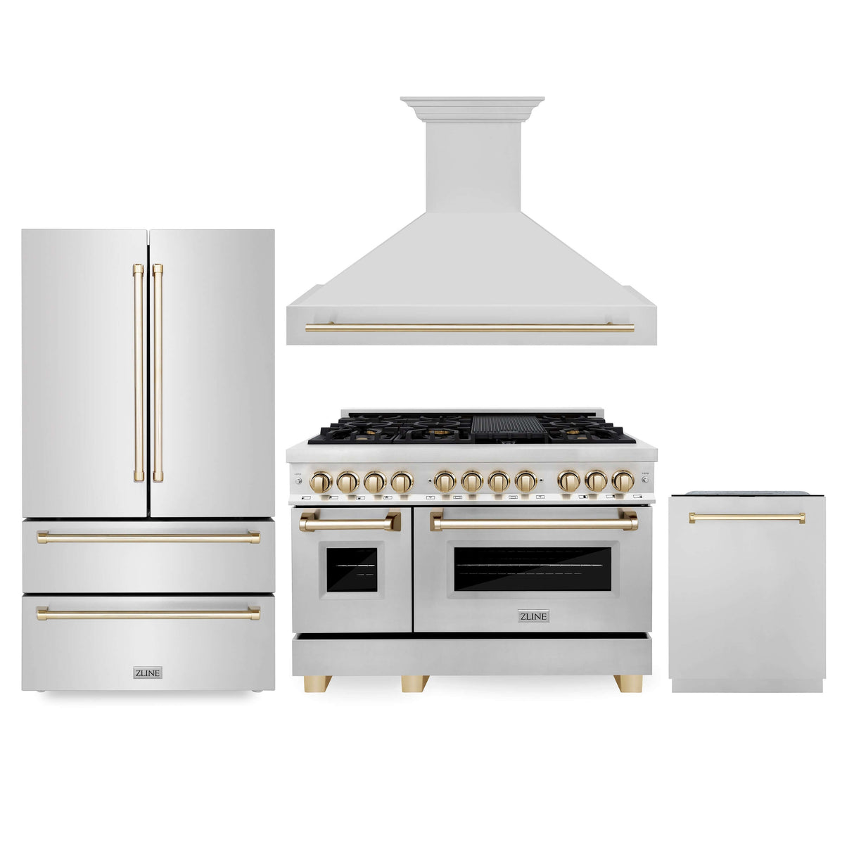 ZLINE  Autograph Edition 48 in. Kitchen Package with Stainless Steel Dual Fuel Range, Range Hood, Dishwasher and Refrigeration with Polished Gold Accents (4KAPR-RARHDWM48-G)