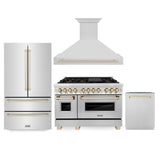 ZLINE  Autograph Edition 48 in. Kitchen Package with Stainless Steel Dual Fuel Range, Range Hood, Dishwasher and Refrigeration with Polished Gold Accents (4KAPR-RARHDWM48-G)