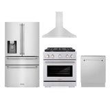 ZLINE Kitchen Package with Water and Ice Dispenser Refrigerator, 30 in. Gas Range, 30 in. Range Hood, and 24 in. Tall Tub Dishwasher (4KPRW-SGRRH30-DWV)