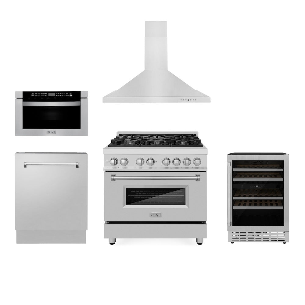 ZLINE 36 in. Kitchen Package with Stainless Steel Dual Fuel Range, Range Hood, Microwave Drawer, Tall Tub Dishwasher and Wine Cooler (5KP-RARH36-MWDWV-RWV)