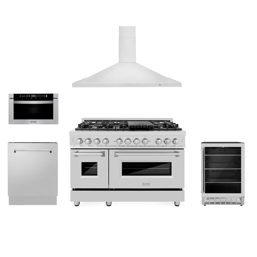 ZLINE 48 in. Kitchen Package with Stainless Steel Dual Fuel Range, Range Hood, Microwave Drawer, Tall Tub Dishwasher and Beverage Fridge (5KP-RARH48-MWDWV-RBV)