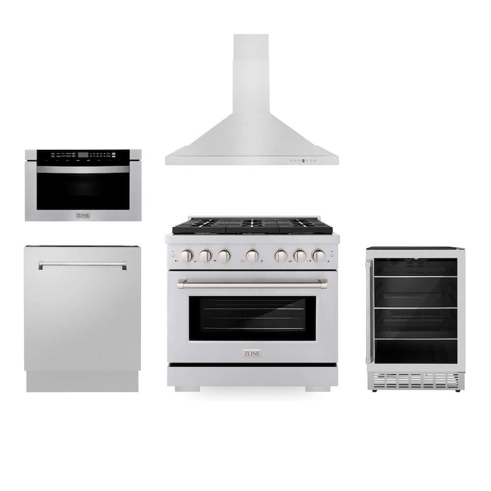 ZLINE 36 in. Kitchen Package with Stainless Steel Gas Range, Range Hood, Microwave Drawer, Tall Tub Dishwasher and Beverage Fridge (5KP-SGRRH36-MWDWV-RBV)