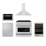 ZLINE 36" Kitchen Package with Stainless Steel Gas Range, Range Hood, Microwave Drawer, Tall Tub Dishwasher and Wine Cooler (5KP-SGRRH36-MWDWV-RWV)