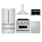 ZLINE Kitchen Package with 36 in. French Door Refrigerator, 36 in. Stainless Steel Dual Fuel Range, 36 in. Convertible Vent Range Hood, 24 in. Microwave Drawer, and 24 in. Tall Tub Dishwasher (5KPR-RARH36-MWDWV)