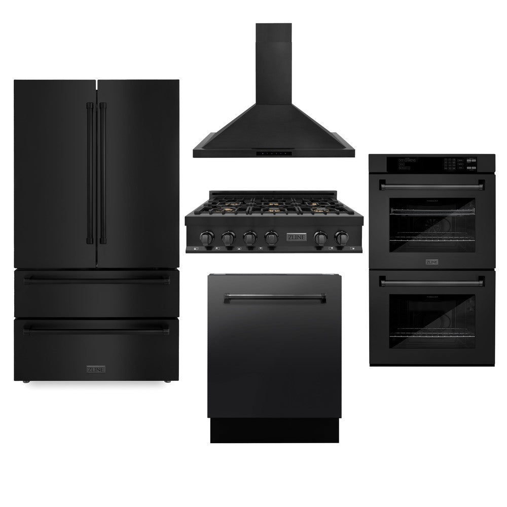 ZLINE Kitchen Package with Refrigeration, 36 in. Black Stainless Steel Gas Stovetop, 36 in. Convertible Vent Range Hood, 30 in. Double Wall Oven, and 24 in. Tall Tub Dishwasher (5KPR-RTBRH36-AWDDWV)